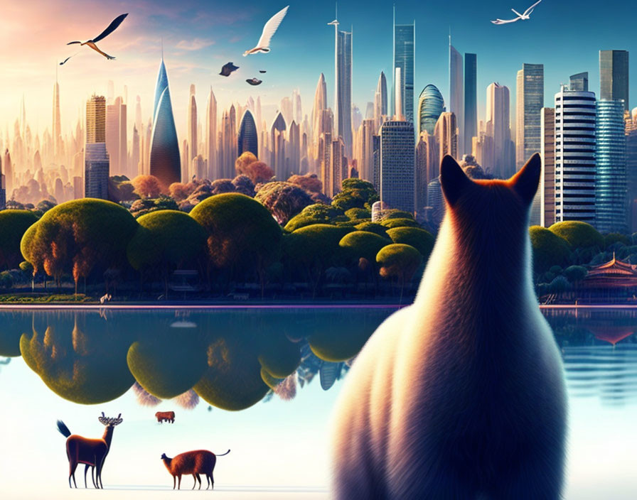 Cat observing futuristic city with lush nature and reflective waters under bird-filled sky.