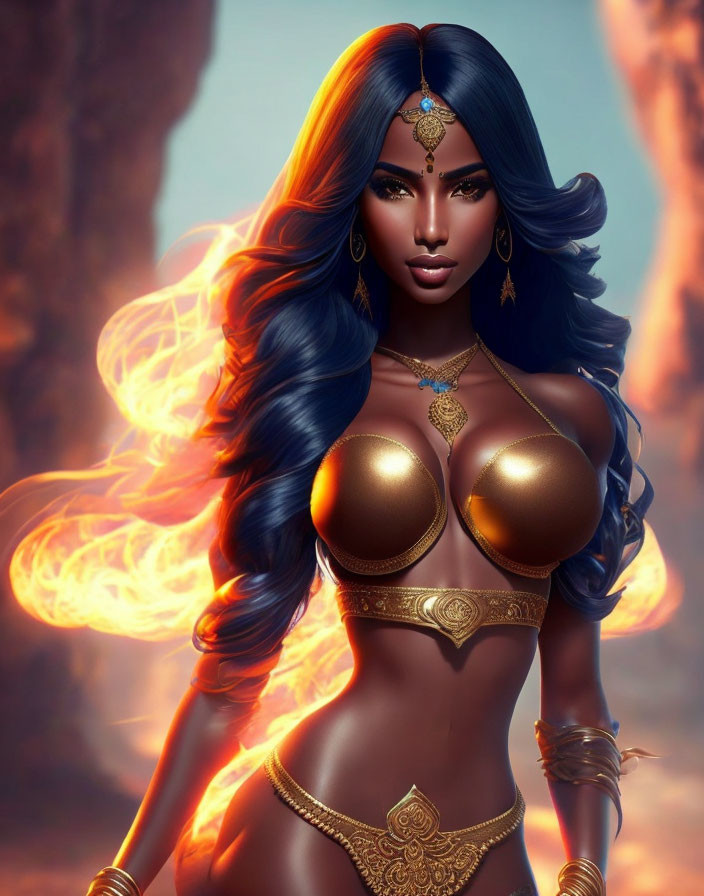 Blue-haired fantasy character with golden jewelry in fiery backdrop