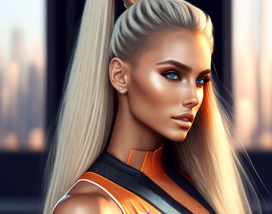 Blonde woman digital art with blue eyes and orange outfit