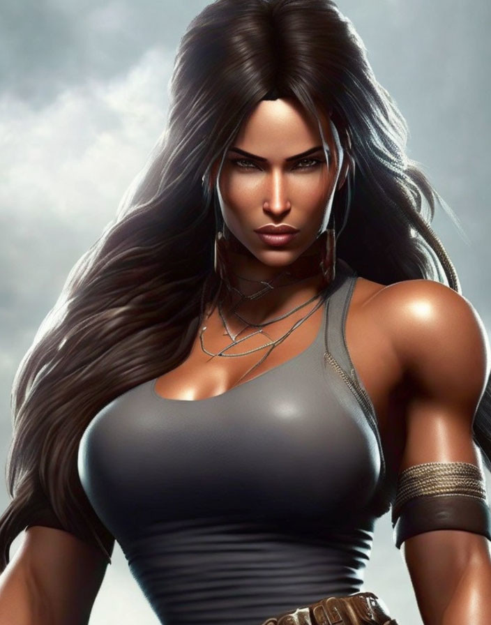 Digital artwork: Strong female character with long dark hair, intense gaze, gray tank top, necklace,
