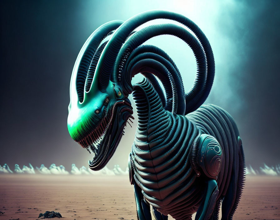 Biomechanical creature with coiled hoses in desolate landscape