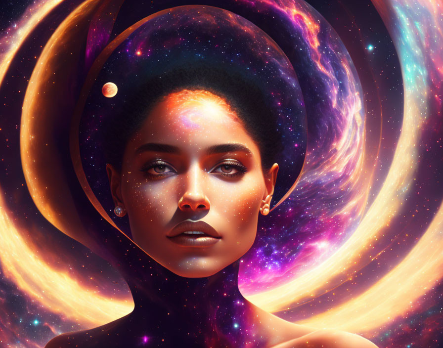 Digital portrait featuring woman with cosmic elements and stars on skin, surrounded by vibrant galaxies.