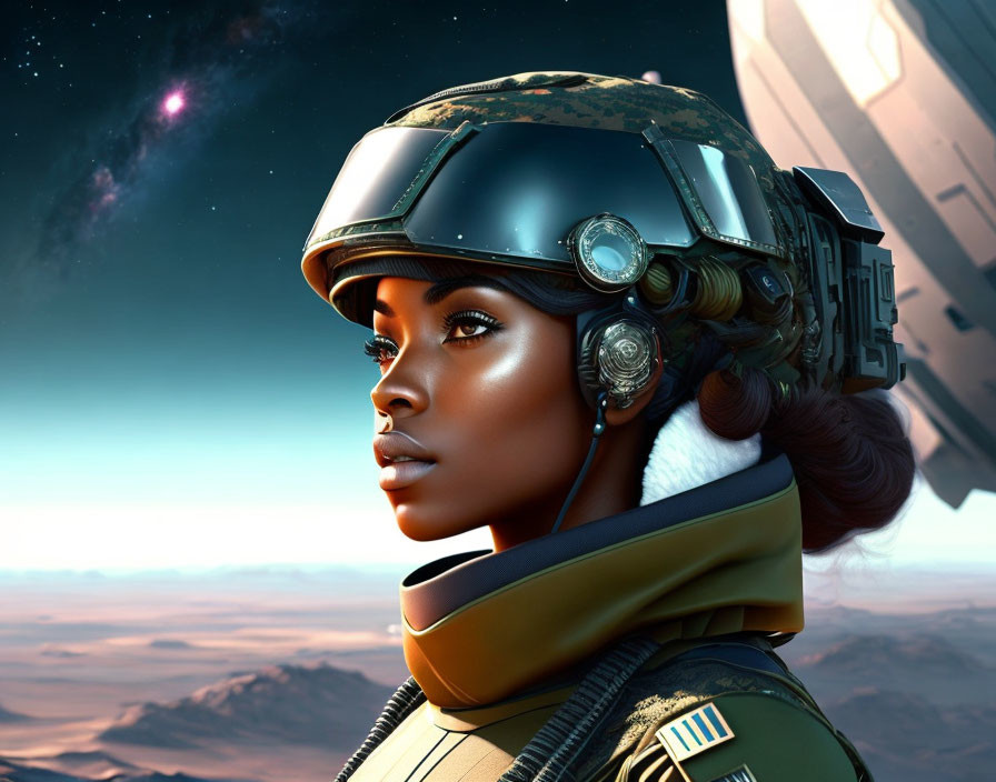Female pilot in futuristic helmet with desert vista and spacecraft in digital art