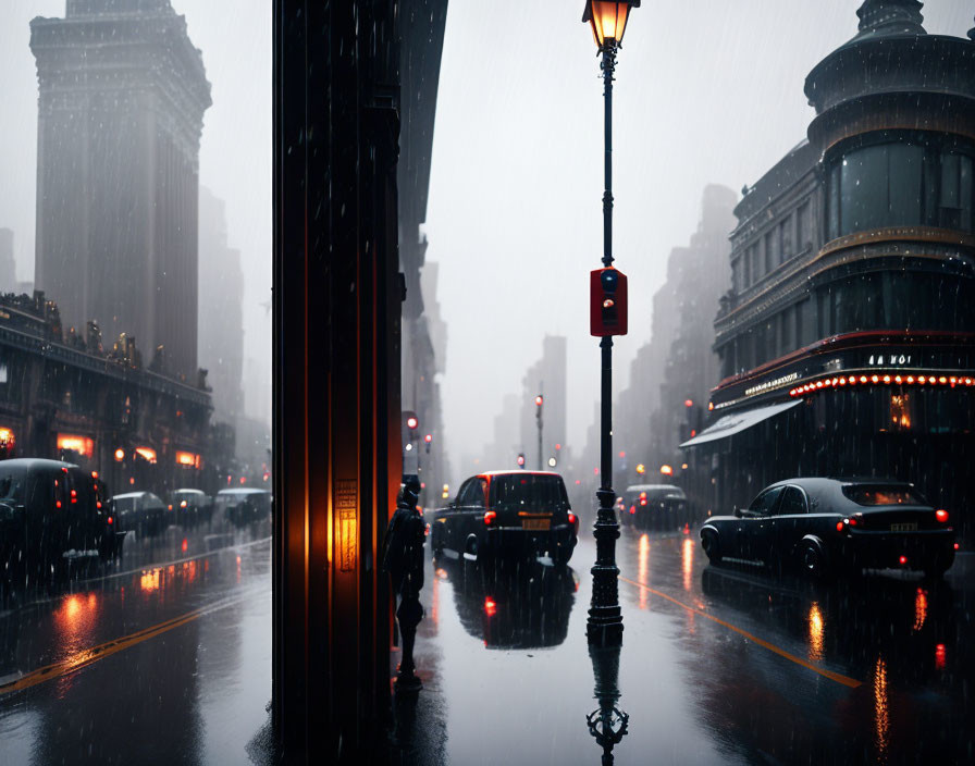 Person with umbrella walking on rainy city street with cars and classical buildings.