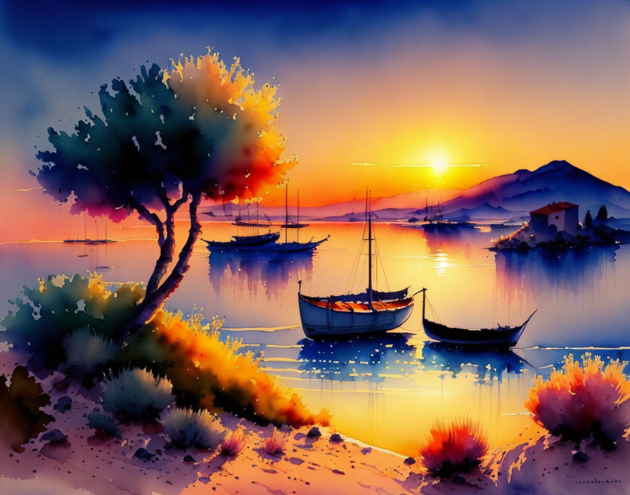 Serene sunset watercolor painting with tree silhouette, boats, and colorful sky