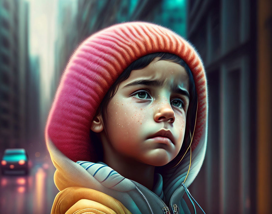 Illustration of worried child in orange beanie and yellow hoodie in rainy city