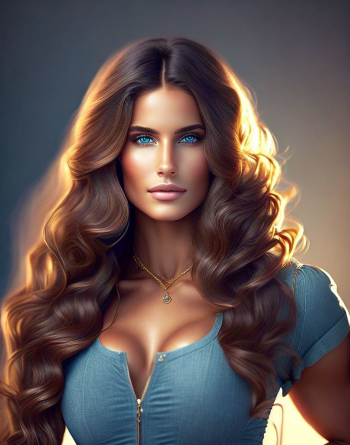 Portrait of a Woman with Voluminous Wavy Brown Hair and Striking Blue Eyes