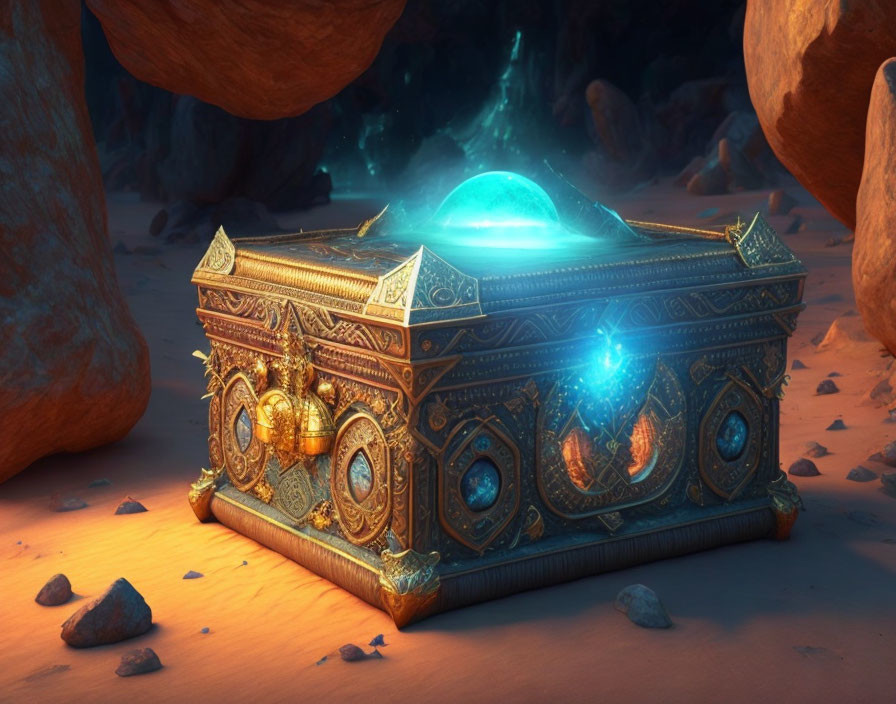 Intricate Gold-Detailed Chest with Glowing Blue Stones on Sandy Ground