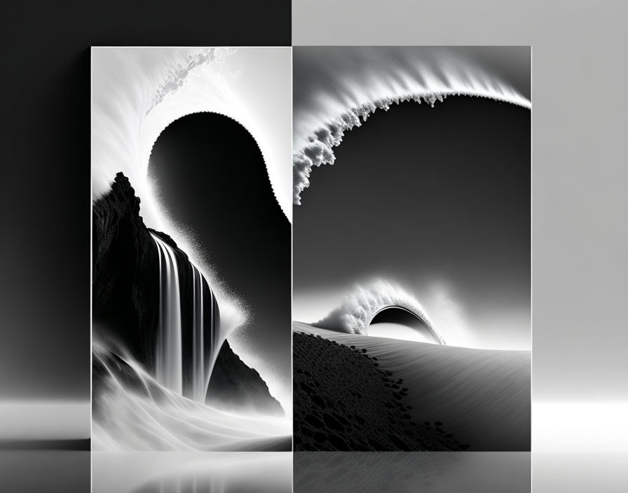 Split-image of waterfall and desert dune with wave-like overlay