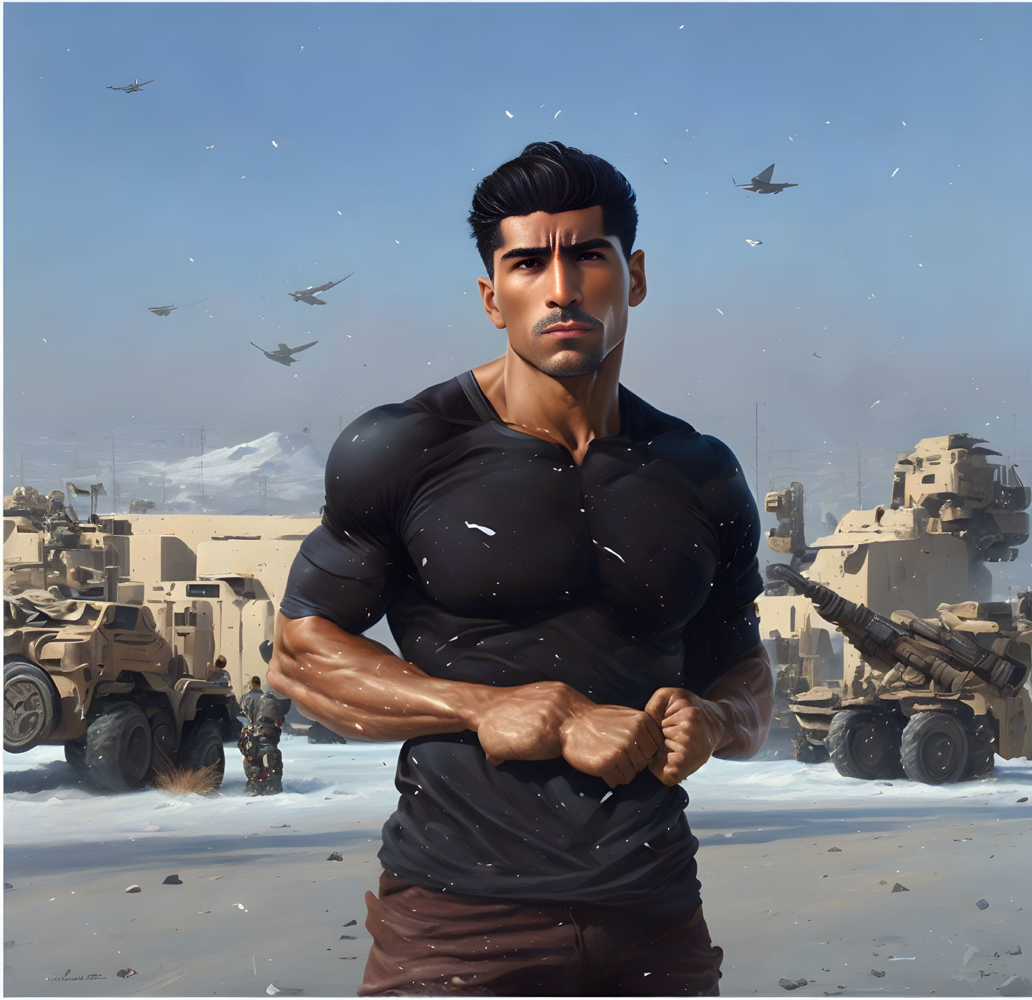 Muscular man in black shirt in warzone with military vehicles and helicopters