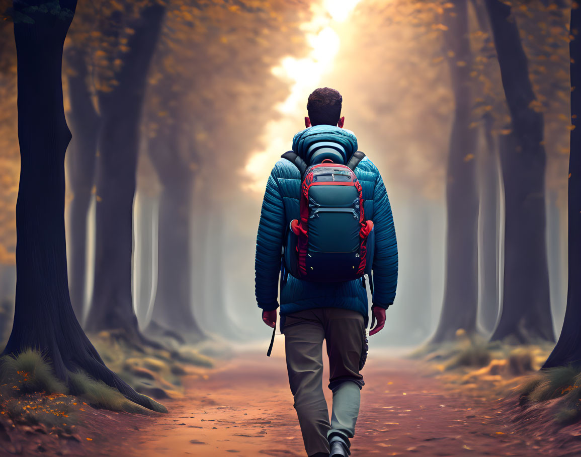 Person in Blue Jacket Walking on Forest Path Towards Bright Light