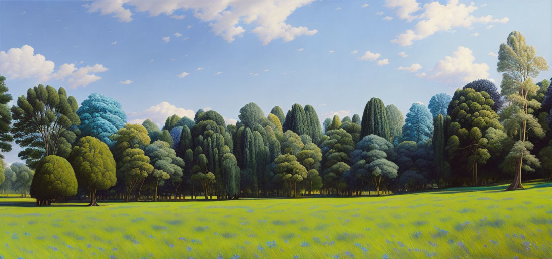 Tranquil Landscape with Meadow, Blue Flowers, Trees, and Blue Sky