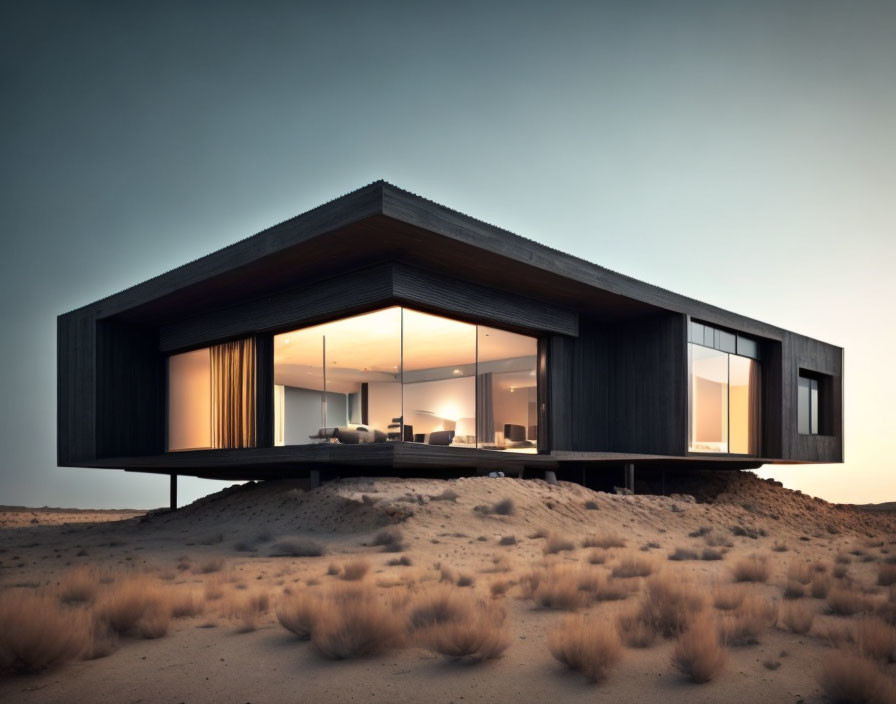 Contemporary Single-Story House with Large Glass Windows in Desert Dusk