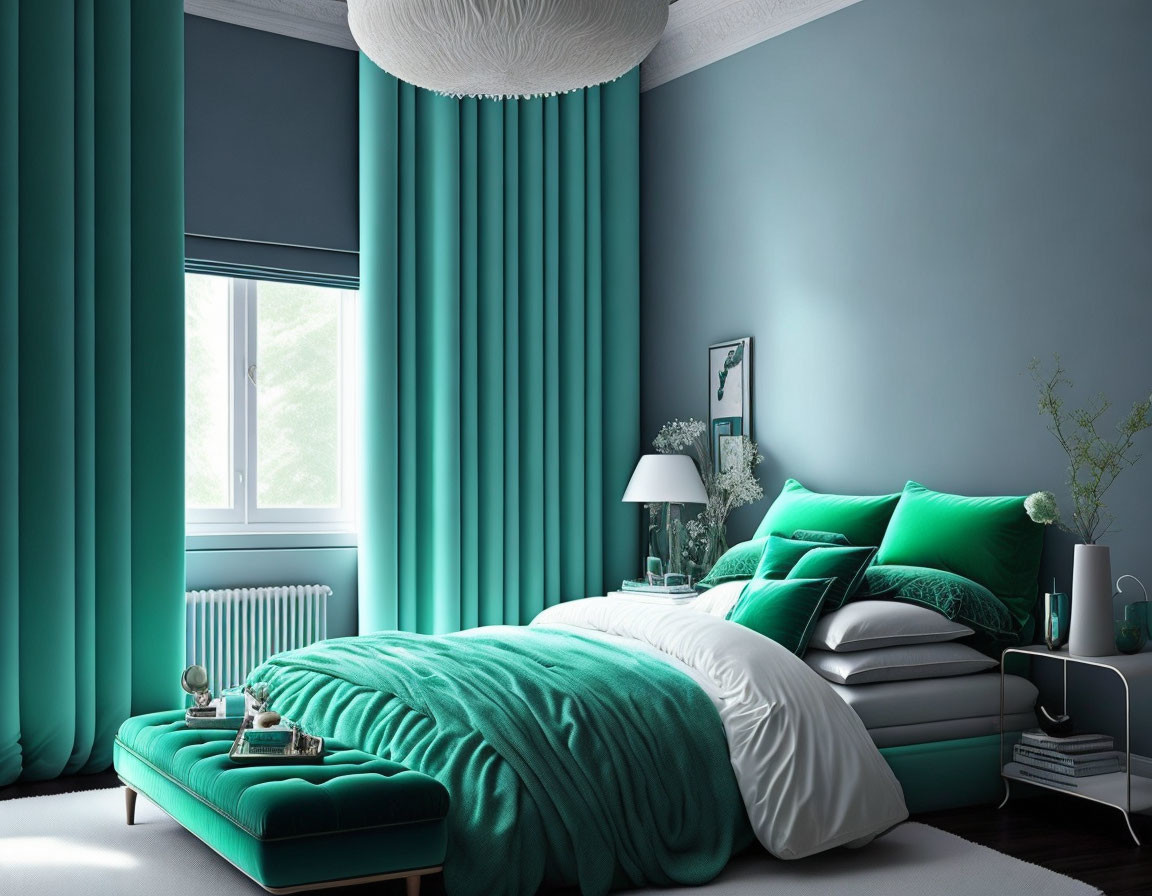 Contemporary Bedroom with Teal Decor and Green Bench