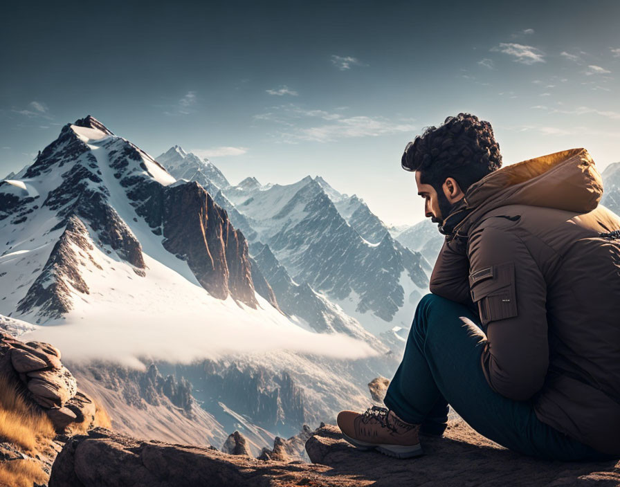 Person in warm jacket gazes at mountain range above clouds at sunrise or sunset