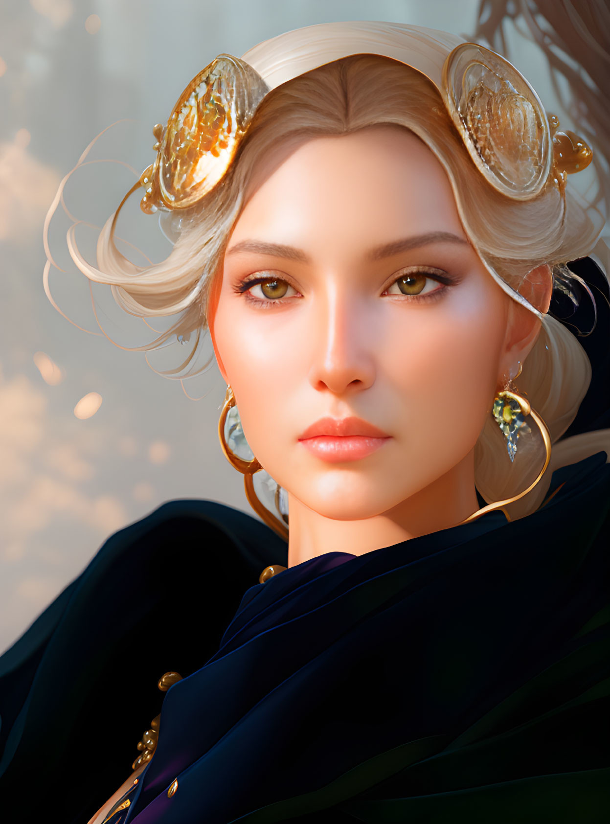 Digital portrait of woman in golden hoop earrings, ornate hair clips, dark blue cloak.