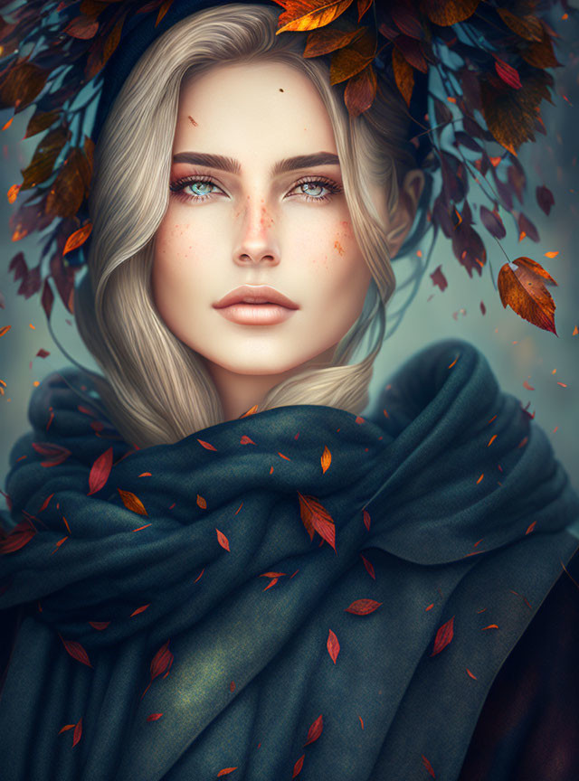 Blonde Woman with Blue Eyes in Autumn Setting