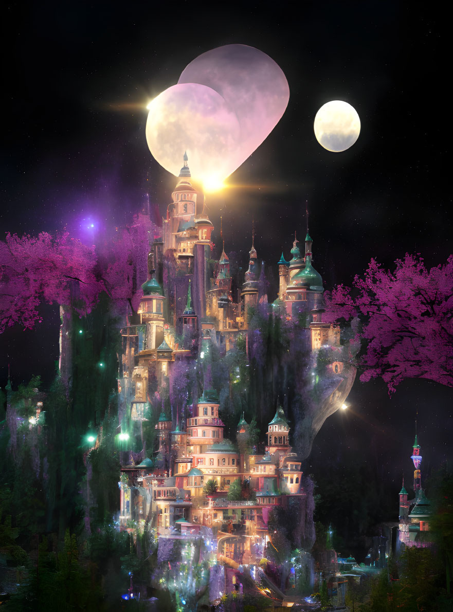 Fantastical illuminated castle on rocky peak with purple foliage under night sky.
