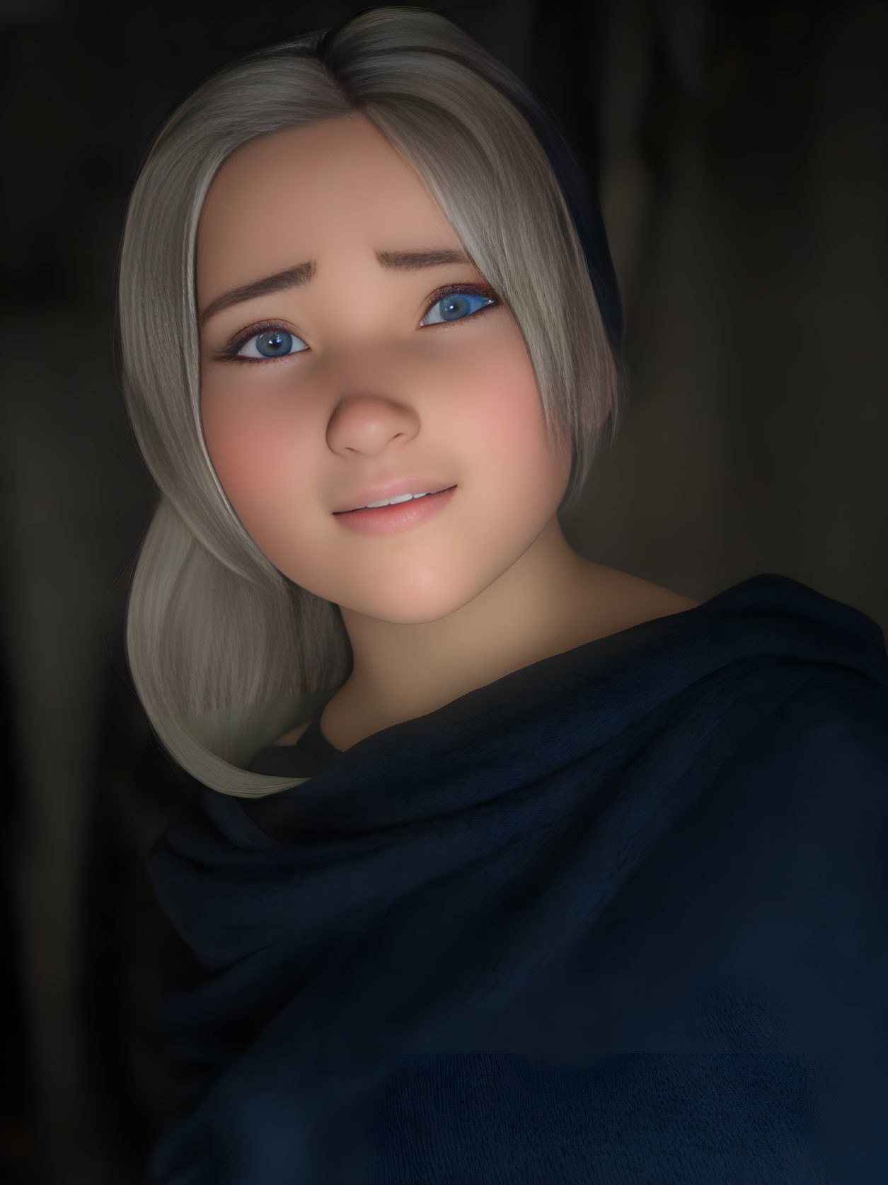 Silver-haired female character in dark blue shawl, 3D illustration