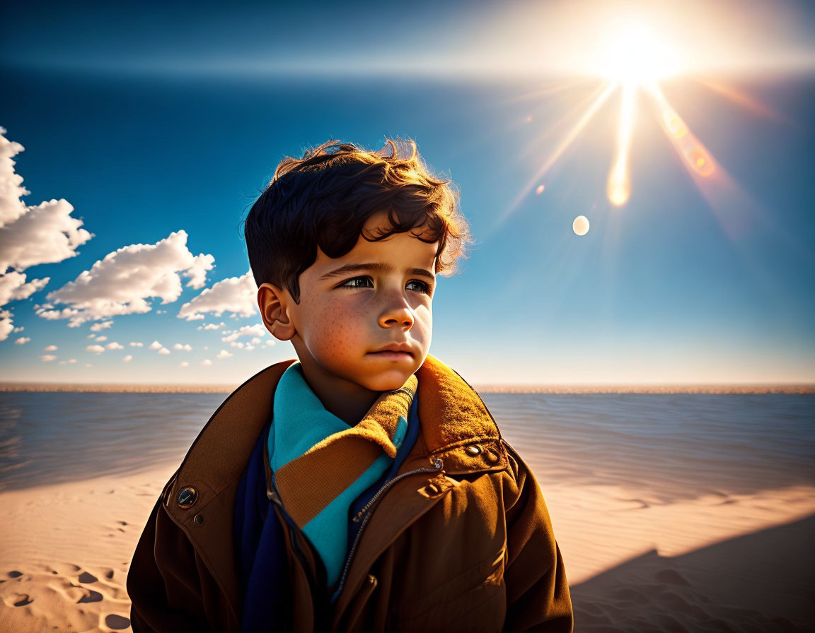 Young boy gazes into desert sunset backdrop.