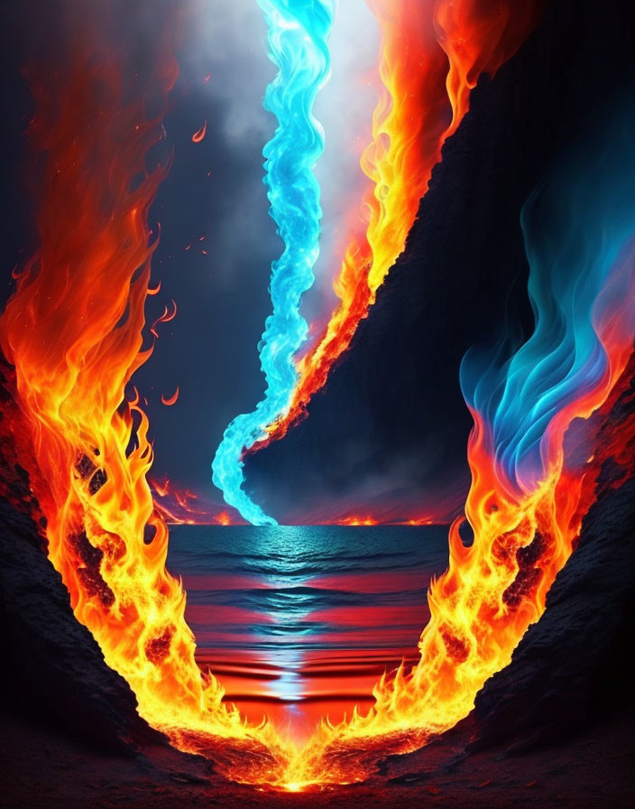 Digital Artwork: Swirling Water and Fire Vortex in Red and Blue