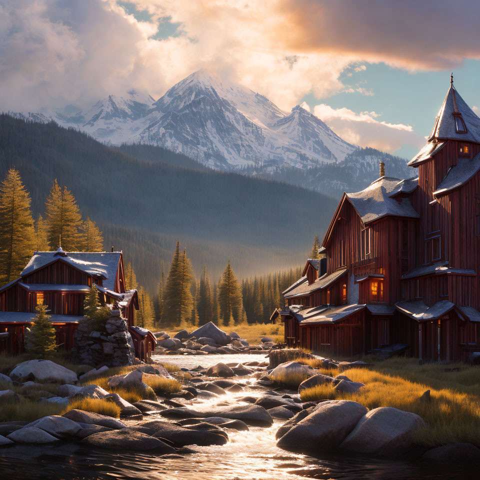 Scenic Alpine village with wooden houses, stream, pine trees, snow-capped mountain, and glowing