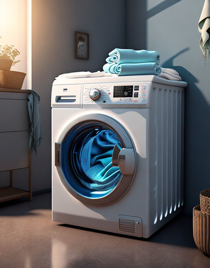 Modern Washing Machine with Glowing Blue Light and Laundry in Tidy Room