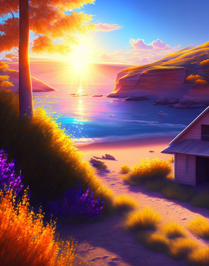 Vibrant sunset seaside landscape with foliage, bay, water, and cabin