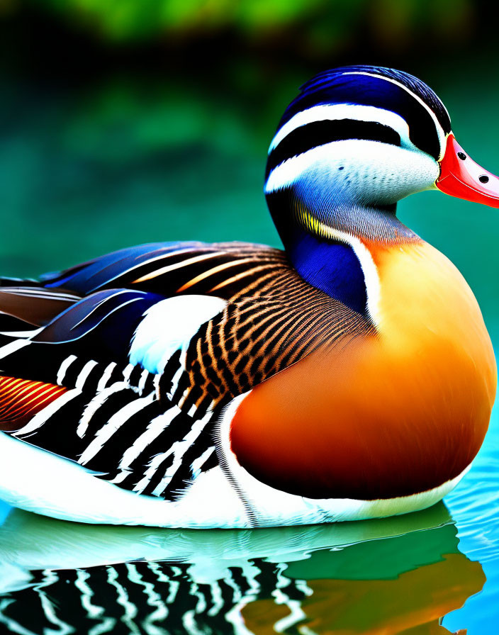 Colorful Mandarin Duck with Red Bill Floating on Water