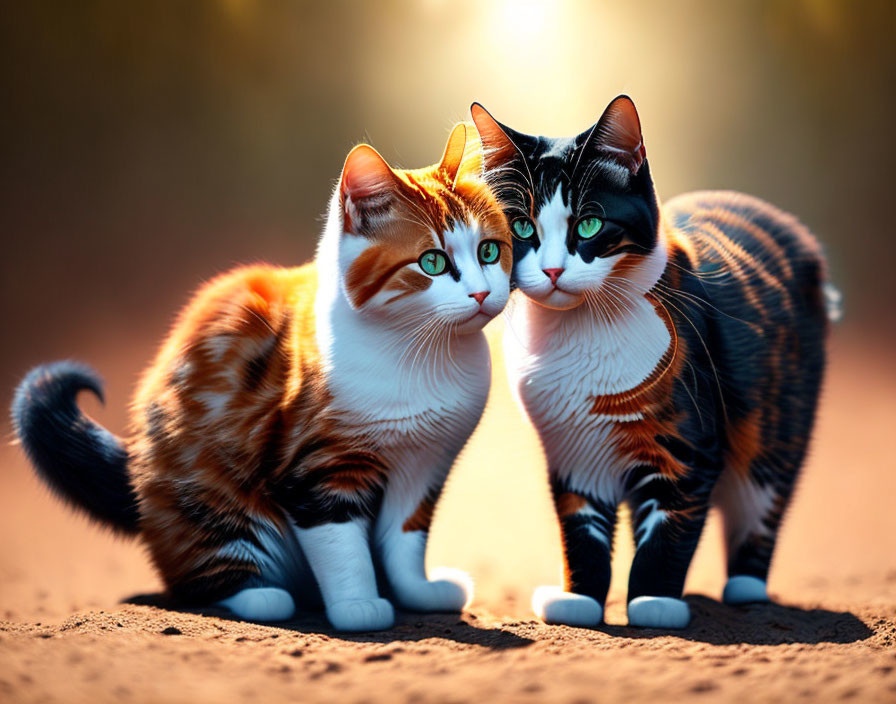 Two cats with unique coat patterns in warm lighting