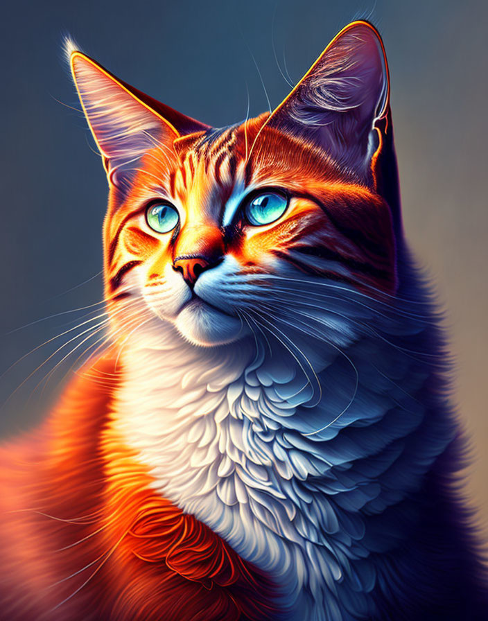 Vibrant digital artwork of orange and white cat with blue eyes