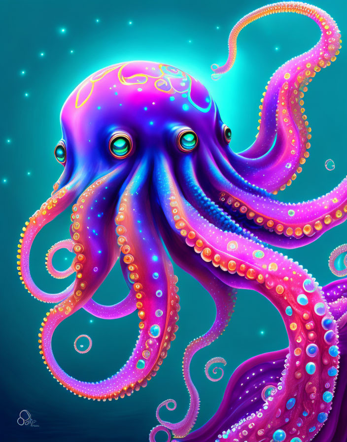 Colorful Octopus Illustration with Swirling Tentacles on Teal Background
