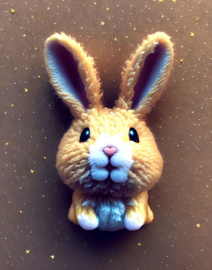 Soft bunny plush with large ears on star-patterned background