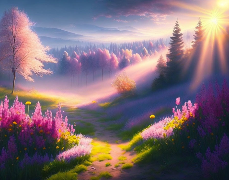 Colorful Flowers and Sunlit Path in Vibrant Landscape