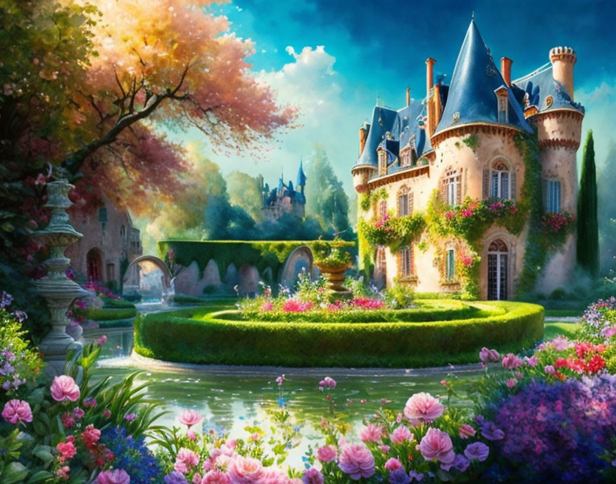 Castle with lush gardens, vibrant flowers, and tranquil pond