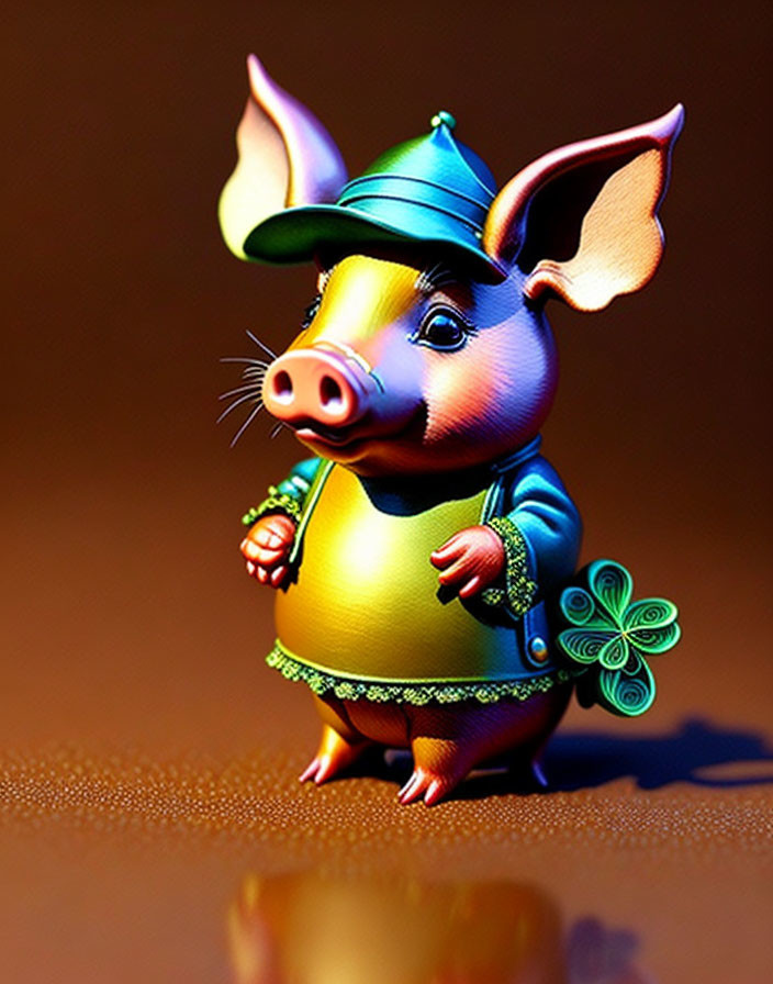 Cartoon pig in green outfit with clover for St. Patrick's Day