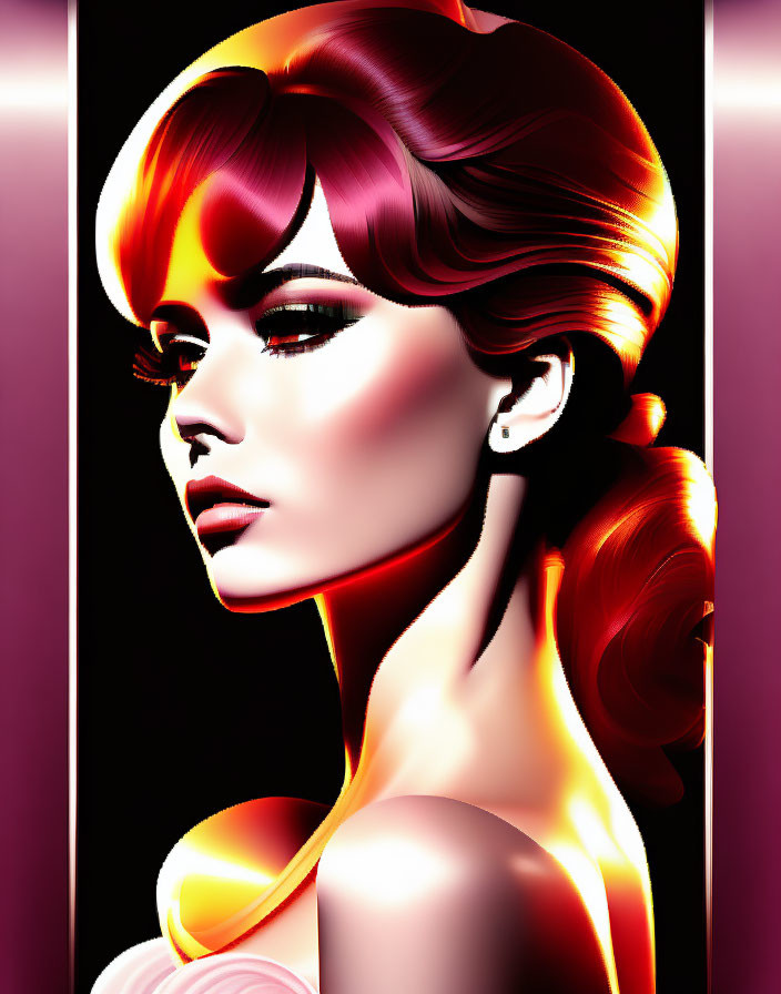 Digital artwork: Woman with red hair, dramatic makeup, glowing skin on dark backdrop