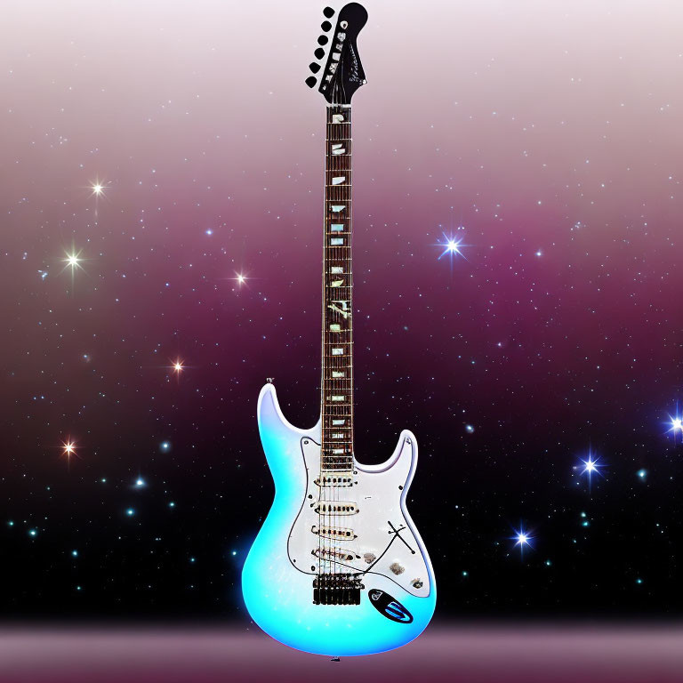 Blue and White Gradient Electric Guitar on Cosmic Background