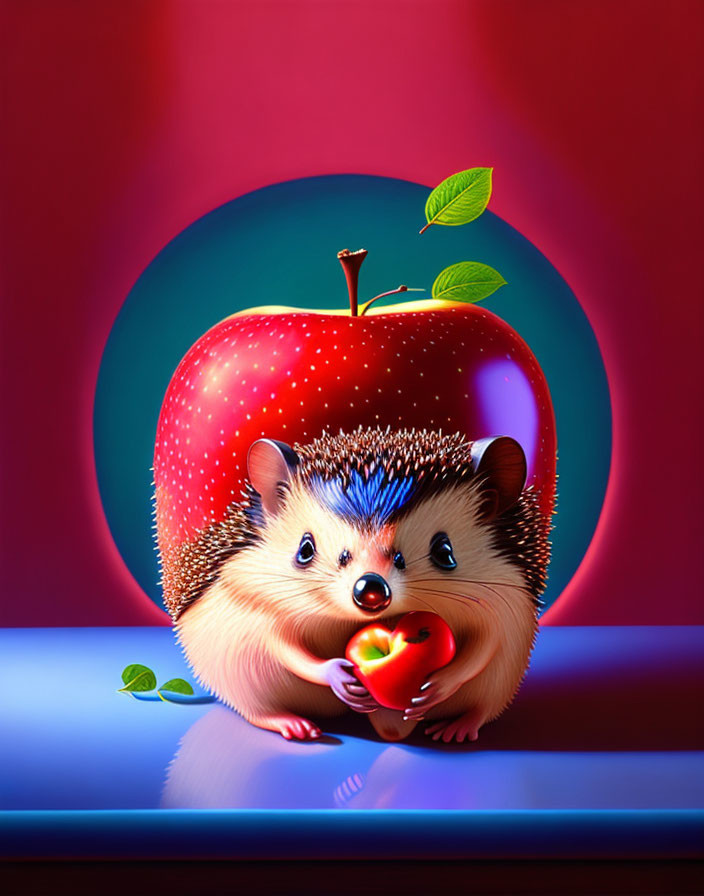 Cute hedgehog with apple on gradient background