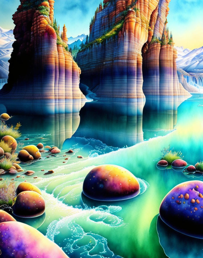 Colorful Celestial Eggs on Water in Vibrant Cliff Landscape