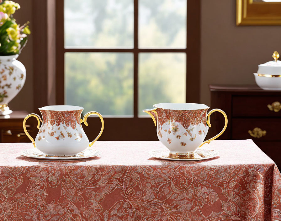 Ornate white and gold porcelain pitchers on paisley tablecloth