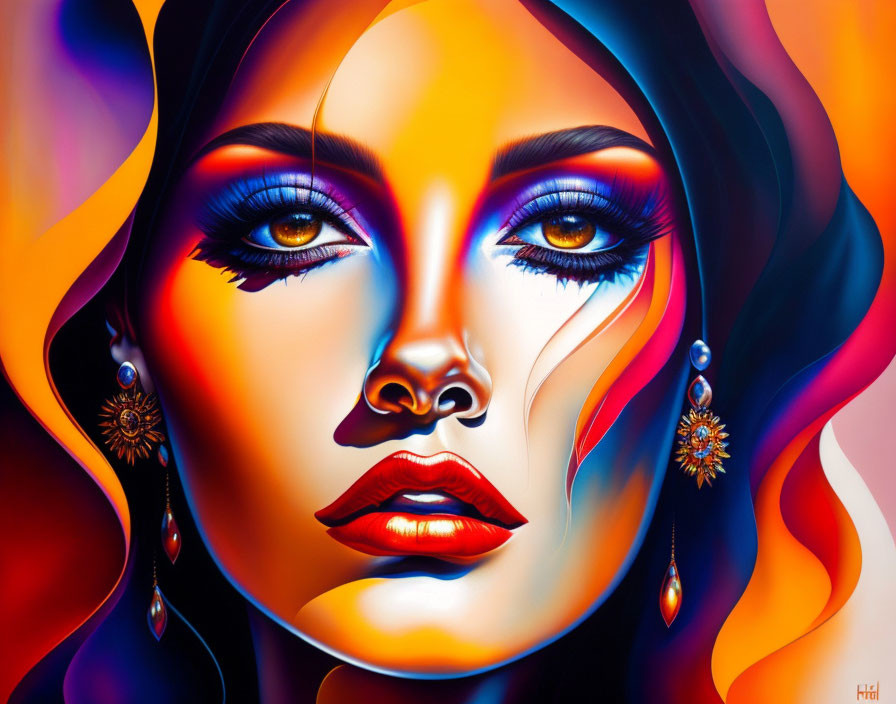 Colorful portrait of a woman with stylized makeup and detailed earrings.