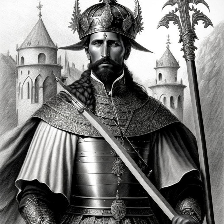 Monochrome medieval knight with halberd and castle illustration