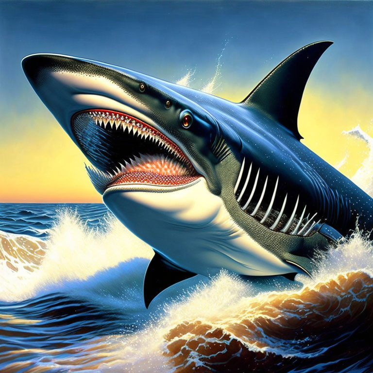 Detailed depiction of great white shark in ocean waves at sunset