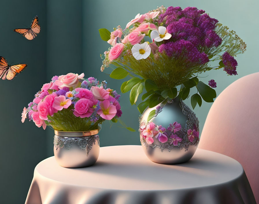 Ornate vases with pink and purple flowers on draped table with butterfly on teal background