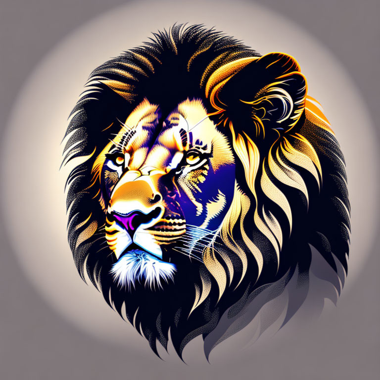 Vibrant lion face illustration with blue, purple, and yellow gradient mane