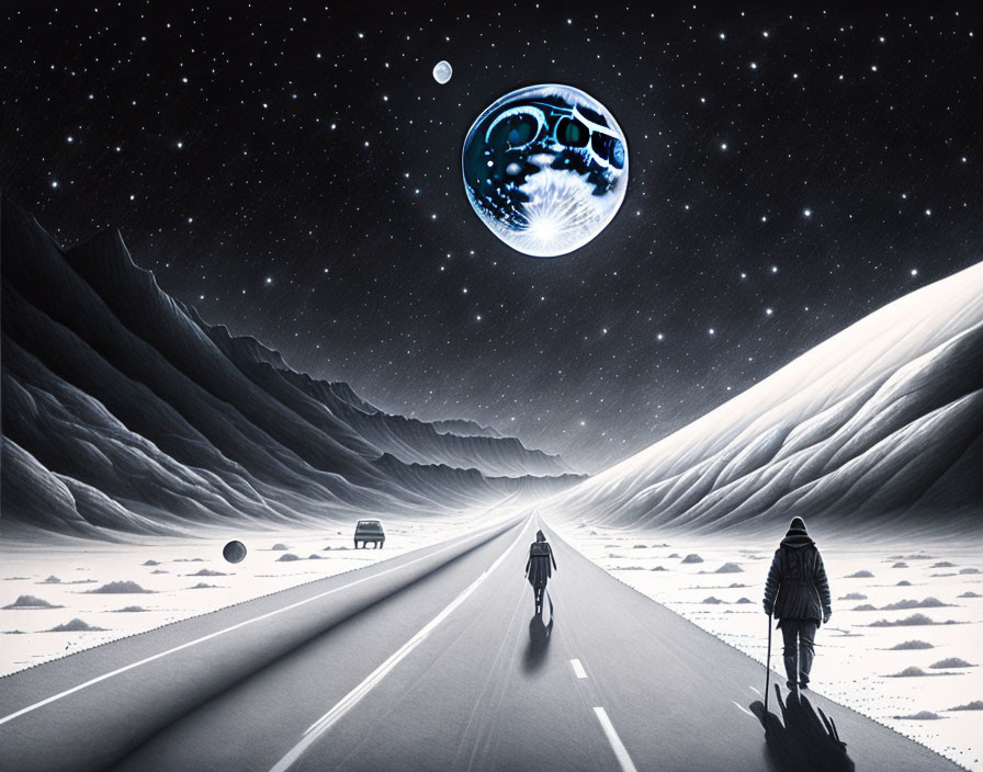 Surreal nighttime landscape featuring road, moon, cliffs, cyclists, and starry sky