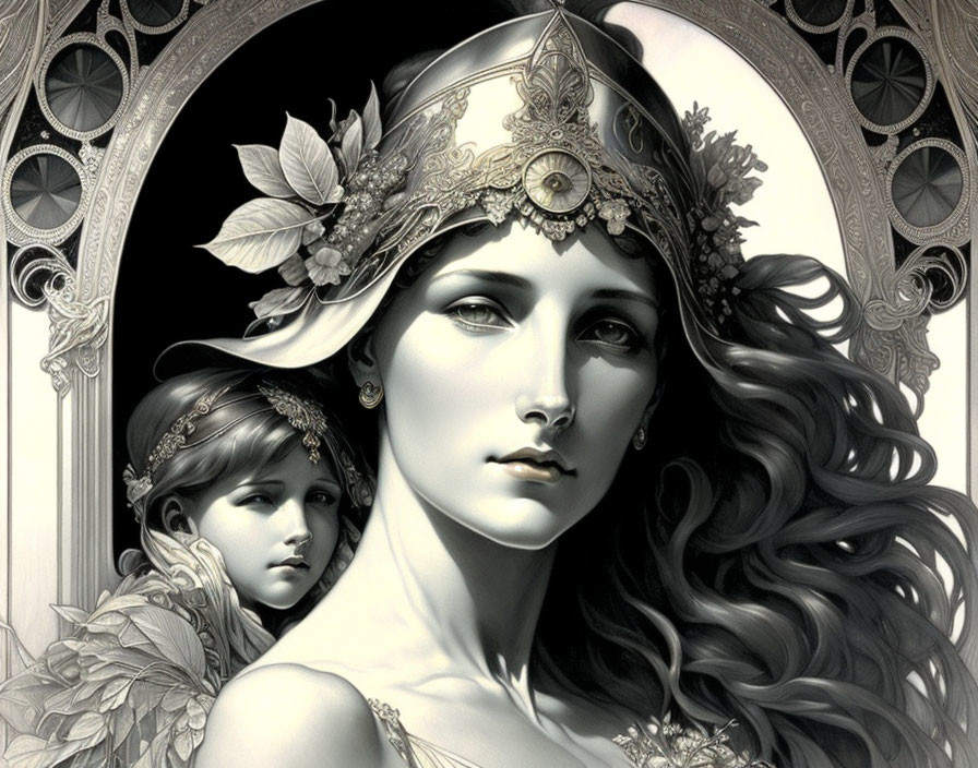 Intricate headdress woman and child illustration against gothic arch backdrop