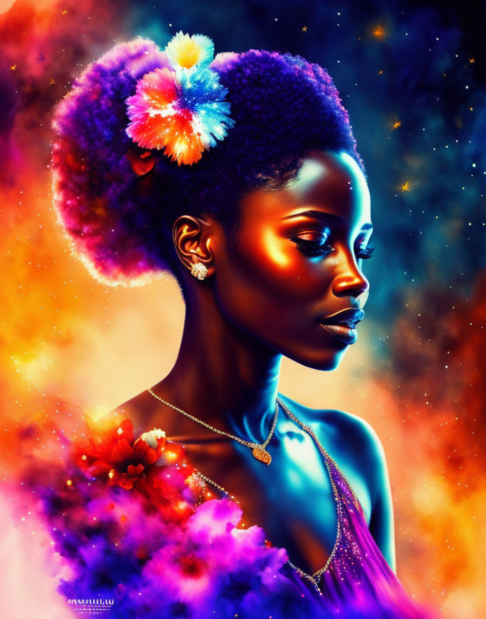 Colorful digital portrait of a woman with cosmic background & floral accents