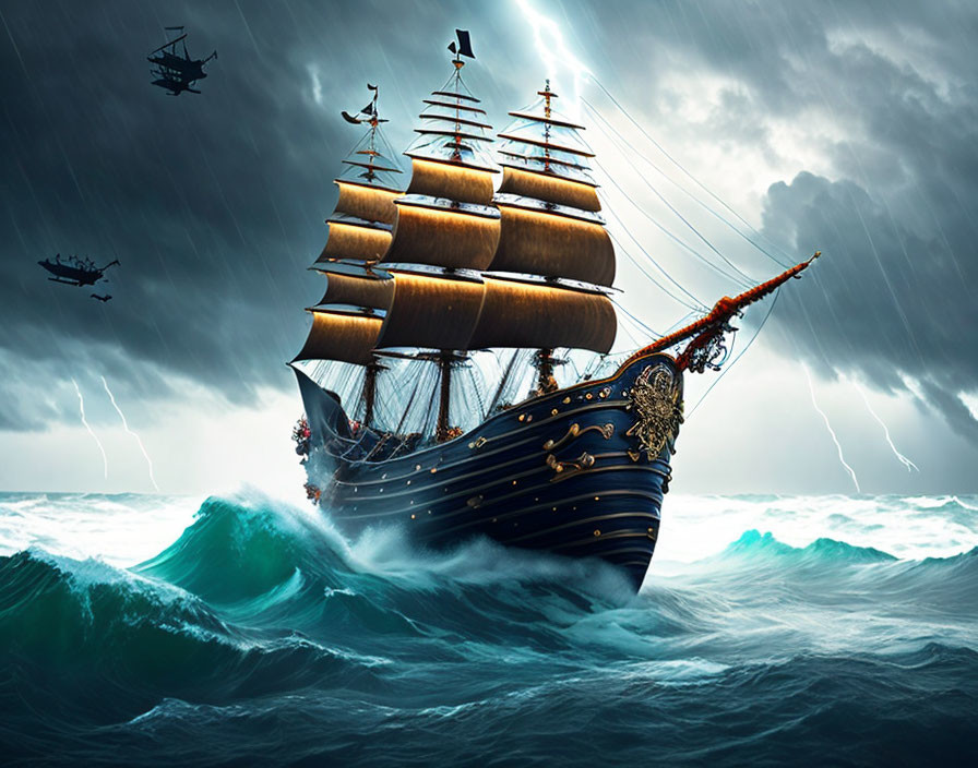 Sailing ship in storm with lightning and warplanes